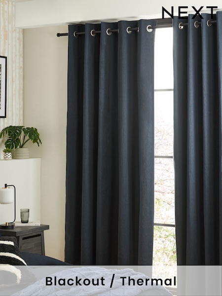 Blue Ink Navy Blackout/Thermal Cotton Eyelet Curtains (684251) | £40 - £105