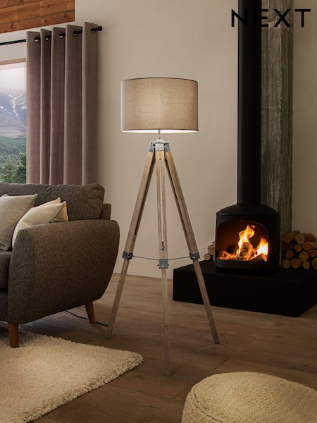 Grey Bronx Wood Tripod Floor Lamp (684958) | £130