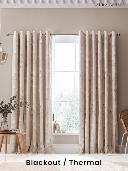 Laura Ashley Natural Magnolia Grove Blackout Lined 100% Cotton Eyelet Curtains (686357) | £85 - £165