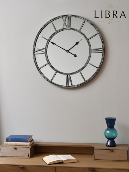 Libra Grey Framed Beaded Mirrored Round Wall Clock (688287) | £147