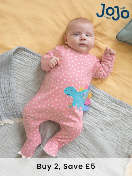 JoJo Maman Bébé Pink Spotted Dino Appliqué Zip Cotton Baby Sleepsuit (689035) | £21