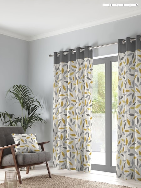 Fusion Yellow 100% Cotton Beechwood Leaves Eyelet Lined Curtains (689703) | £35 - £65