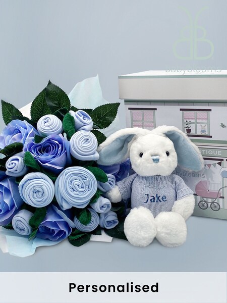 Babyblooms Blue Luxury Bouquet and Personalised 100% Cotton New Baby Bunny Soft Toy Gift (689748) | £115