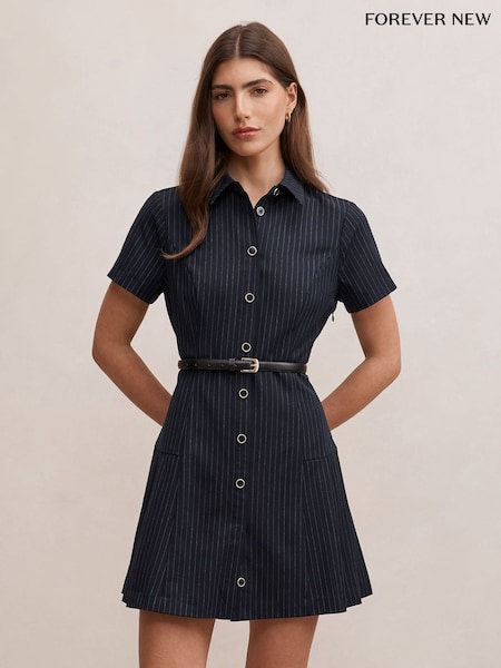 Blue - Forever New Gigi Pleated Button Down Mini Dress