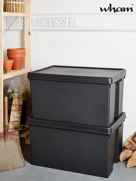 Wham Set of 2 Black Bam 96L Heavy Duty Plastic Recycled Boxes With Lid (693639) | £48