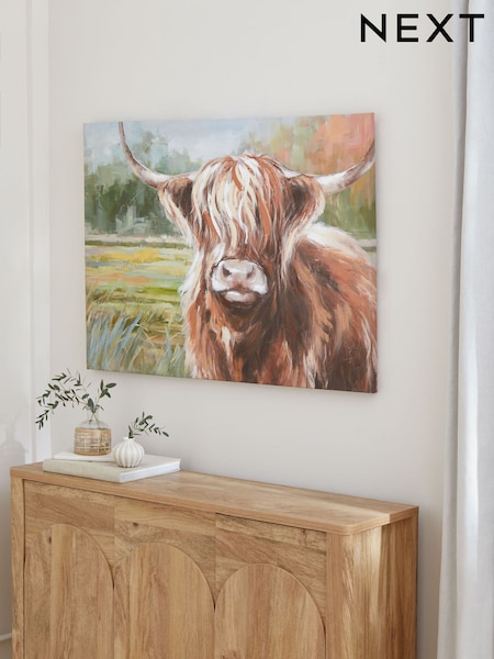 Green Highland Cow in Landcsape Canvas Wall Art (695422) | £65