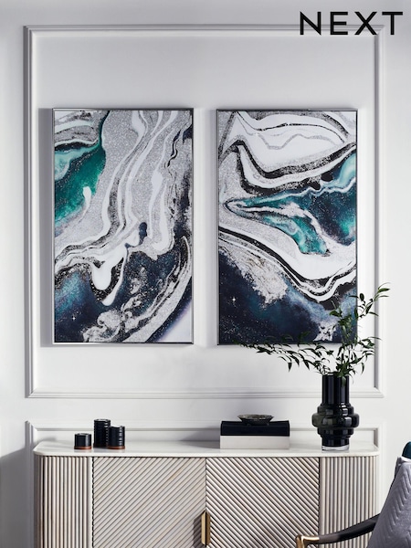 Set of 2 Blue and Silver Abstract Framed Canvas Wall Art (695455) | £130