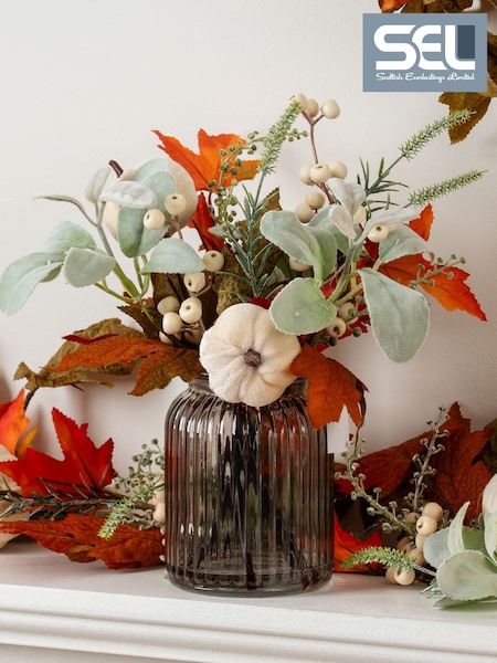 Scottish Everlastings Ltd Pumpkin Arrangement In Ribbed Glass Vase