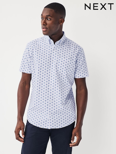 White/Blue Hummingbird Easy Iron With Button Down Collar Short Sleeve Oxford Shirt (697090) | £24