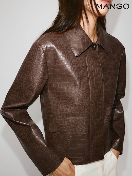 Brown - Mango Faux Leather Collared Jacket