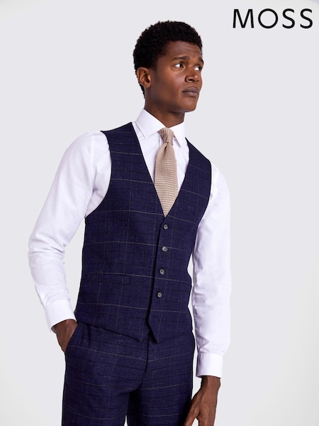 MOSS Navy Blue Slim Check Suit: Waistcoat (698786) | £90