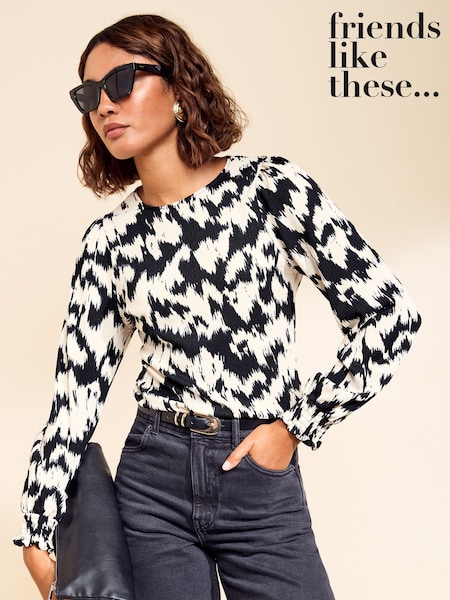 Black Print - Friends Like These Shirred Cuff Top