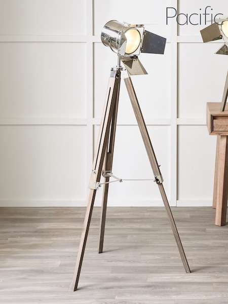 Pacific Grey Hereford Wood And Silver Metal Film Tripod Floor Lamp (700631) | £150
