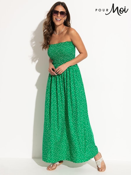Pour Moi Green Spot Strapless Shirred Bodice Woven Maxi Beach Dress (702026) | £45