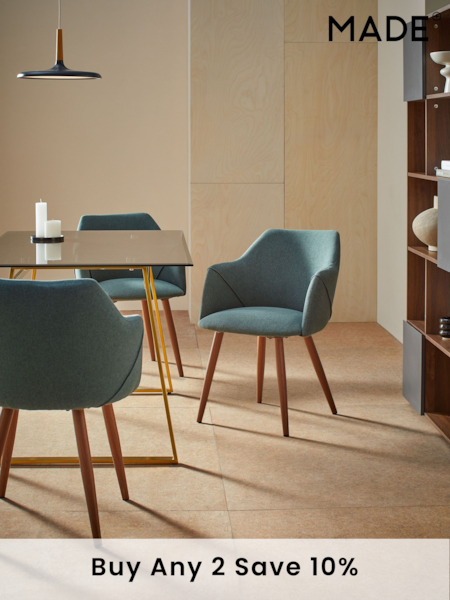 MADE.COM Set of 2 Bay Green and Walnut Legs Lule Arm Dining Chairs (703092) | £329