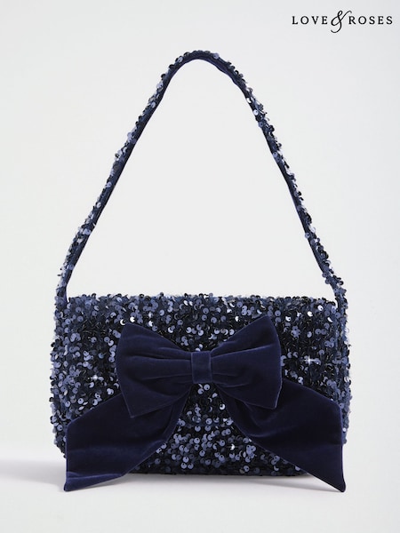 Navy Sequin - Love & Roses Bow Shoulder Bag