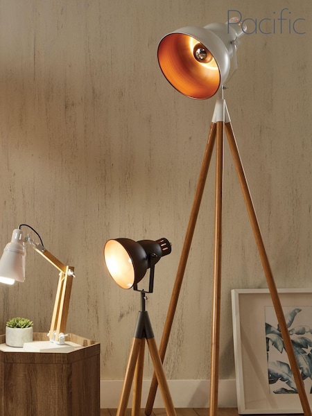 Pacific White Metal Larkin Natural Wood Tripod Floor Light (705232) | £180