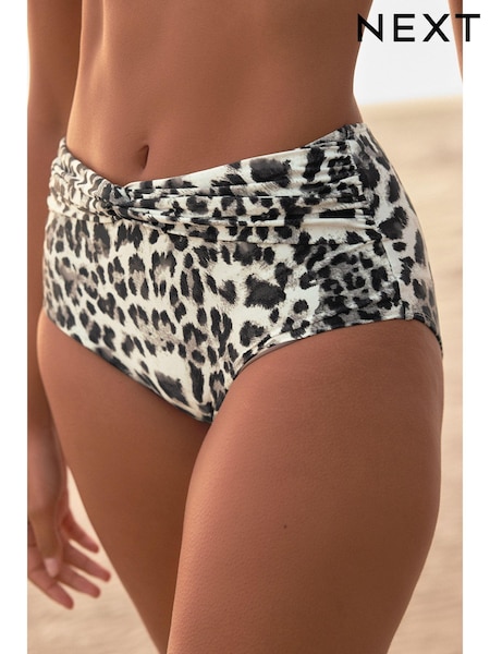 Grey/Cream Leopard High Waist Twist Bikini Bottoms (706116) | £18