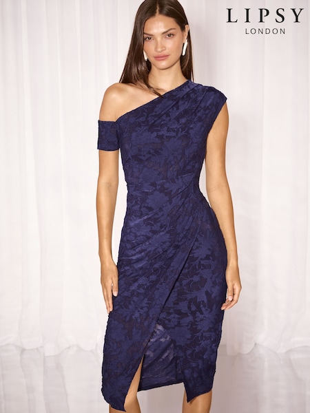 Navy Texture - Lipsy Off The Shoulder Gathered Waist Midi Dress