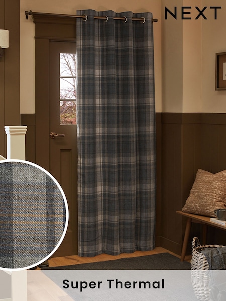 Blue/Grey Alpine Check Super Thermal Eyelet Door Curtain (706998) | £60 - £80