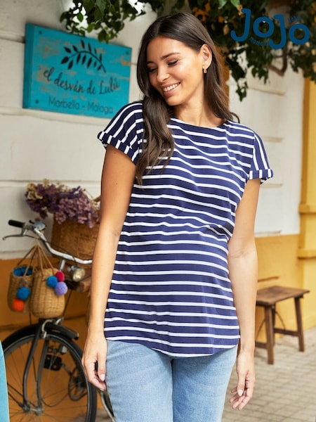 JoJo Maman Bébé Navy White Stripe Boyfriend Cotton Maternity T-Shirt (708191) | £19