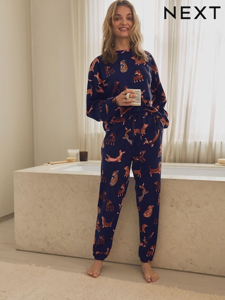 Navy Blue Dachshund 100% Cotton Long Sleeve Pyjamas (708668) | £26