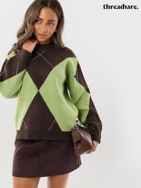 Green - Threadbare Embellished Argyle Knitted Jumper