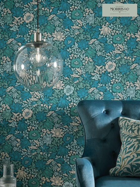 Morris & Co Teal Blue Mallow 10.05M Wallpaper (710926) | £44