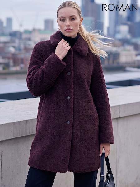 Red - Roman Petite Faux Sheepskin Coat