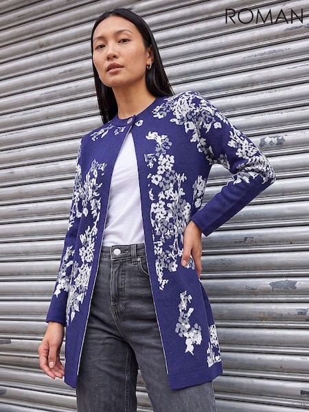 Blue - Roman Floral Jacquard Knit Coatigan
