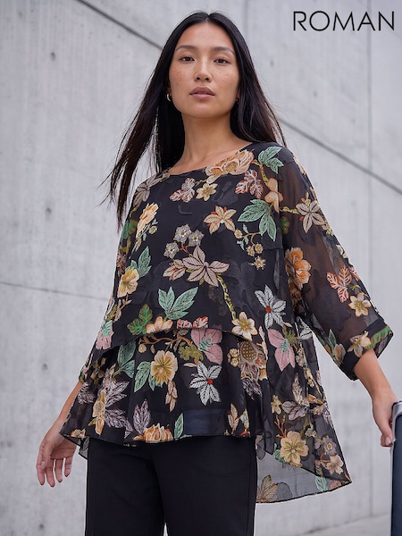 Black - Roman Floral Print Overlay Top
