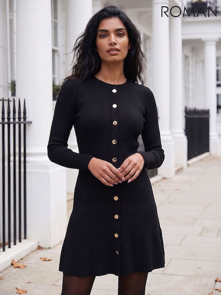 Black - Roman Knitted Button Dress