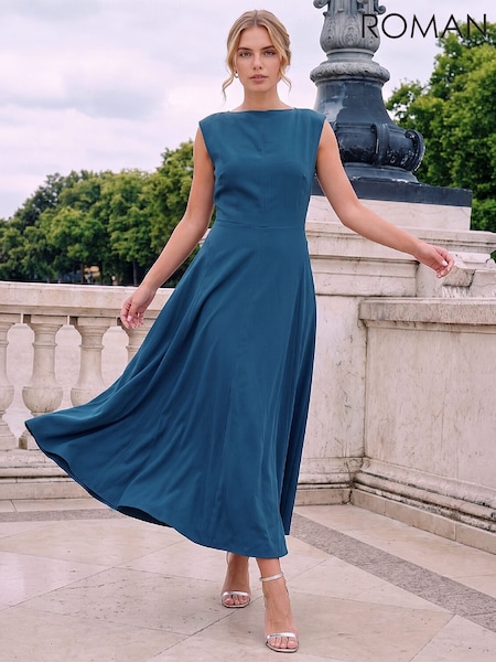 Teal Blue - Roman High Neck Pleated Midi Dress