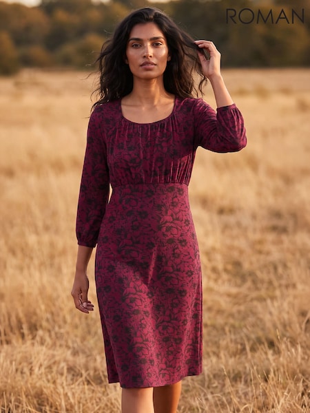 Red - Roman Square Neck Floral Dress