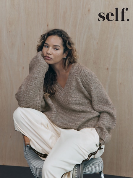 Neutral Brown - Knitted V-neck Jumper