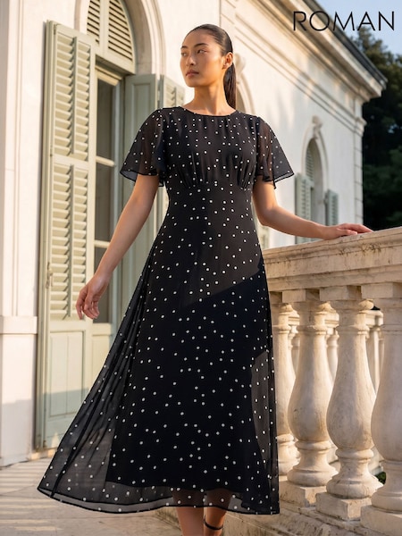 Black - Roman Petite Spot Dot Chiffon Dress