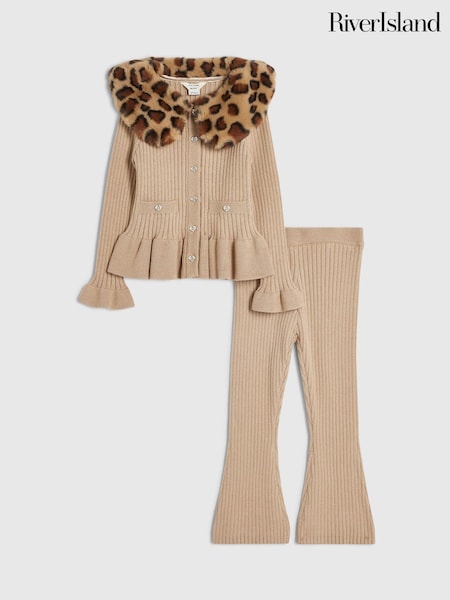 Brown - River Island Leopard Collar Cardigan & Flared Leggings Set