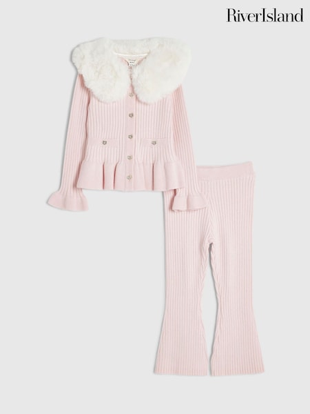 Pink - River Island Collar Cardigan & Flared Leggings Set