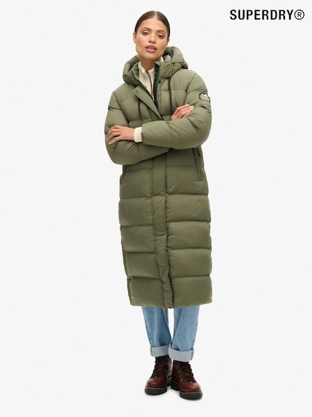 Superdry Dusty Olive Green Grid Ripstop Longline Puffer Jacket (719662) | £130