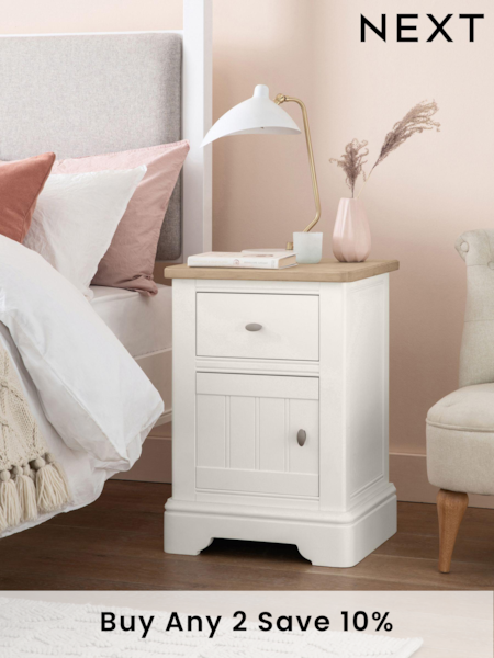 Chalk White Hampton Country Collection Luxe Painted Oak 1 Drawer Bedside Table (720384) | £299