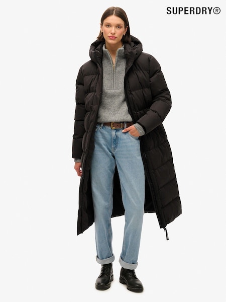 Superdry Black Microfibre Longline Puffer Coat (720826) | £130