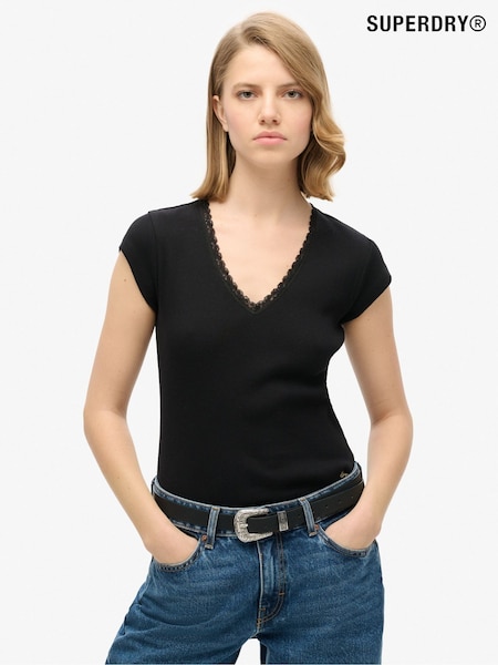 Superdry Black Essential Lace 100% Cotton Trim T-Shirt (721329) | £25