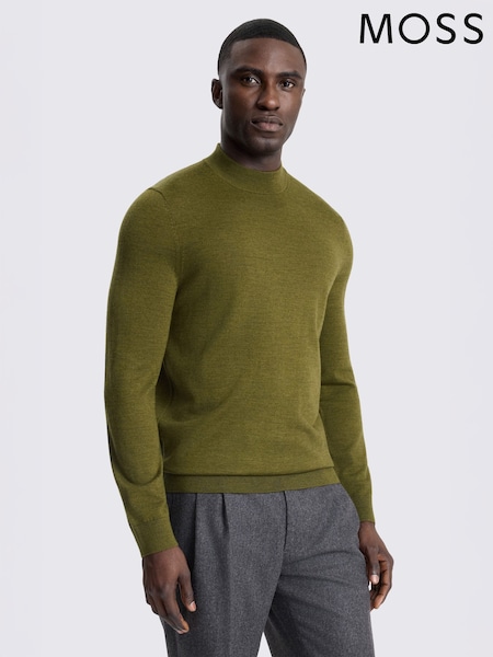 Olive Green - Regular Moss Merino-blend Mock-neck Jumper