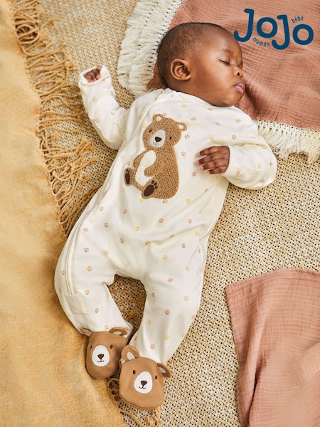 JoJo Maman Bébé Cream Bear Appliqué Zip Cotton Baby Sleepsuit (725894) | £21