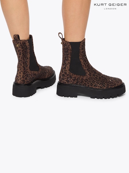 Brown - Kurt Geiger London Perf Embellished Leopard Print Suede Chelsea Ankle Boots