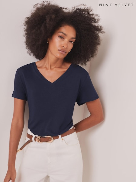 Blue - Mint Velvet Linen Blend V-neck T-shirt