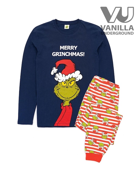 Vanilla Underground Blue 100% Cotton The Grinch Unisex Merry Grinchmas Christmas Slogan Long Sleeve Long Leg Pyjamas Set (733978) | £28