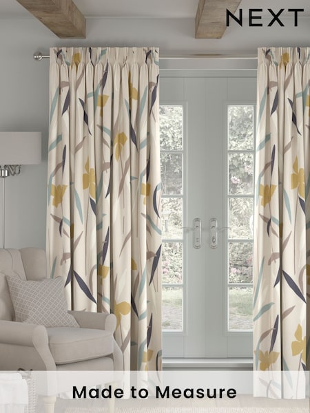 Ochre Yellow Modern Floral Made To Measure Curtains (734775) | £61