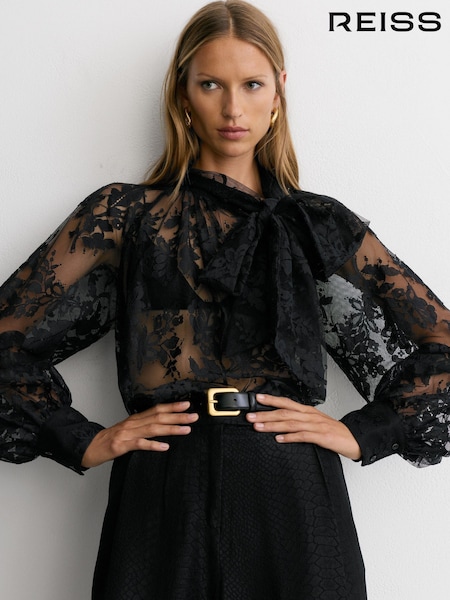 Black - Reiss Edwina Tie-neck Sheer Lace Blouse
