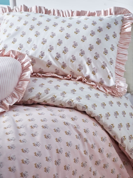 Pink Block Floral Printed Polycotton Duvet Cover and Pillowcase Bedding (736714) | £20 - £30
